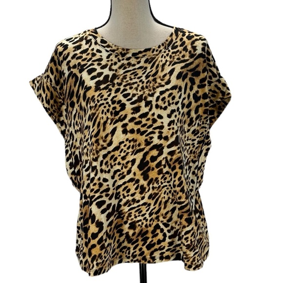 INC Short Sleeve Crew Neck Cheetah Print T-Shirt - Brown Tan - size PLarge - Picture 1 of 8